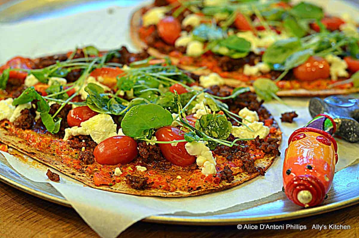 Buffalo Chorizo Flatbread Pizza with Charred Red Bells and Scallion Sauce