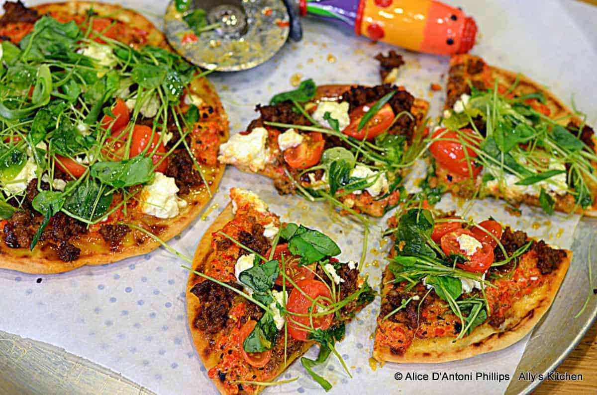 Buffalo Chorizo Flatbread Pizza with Charred Red Bells and Scallion Sauce