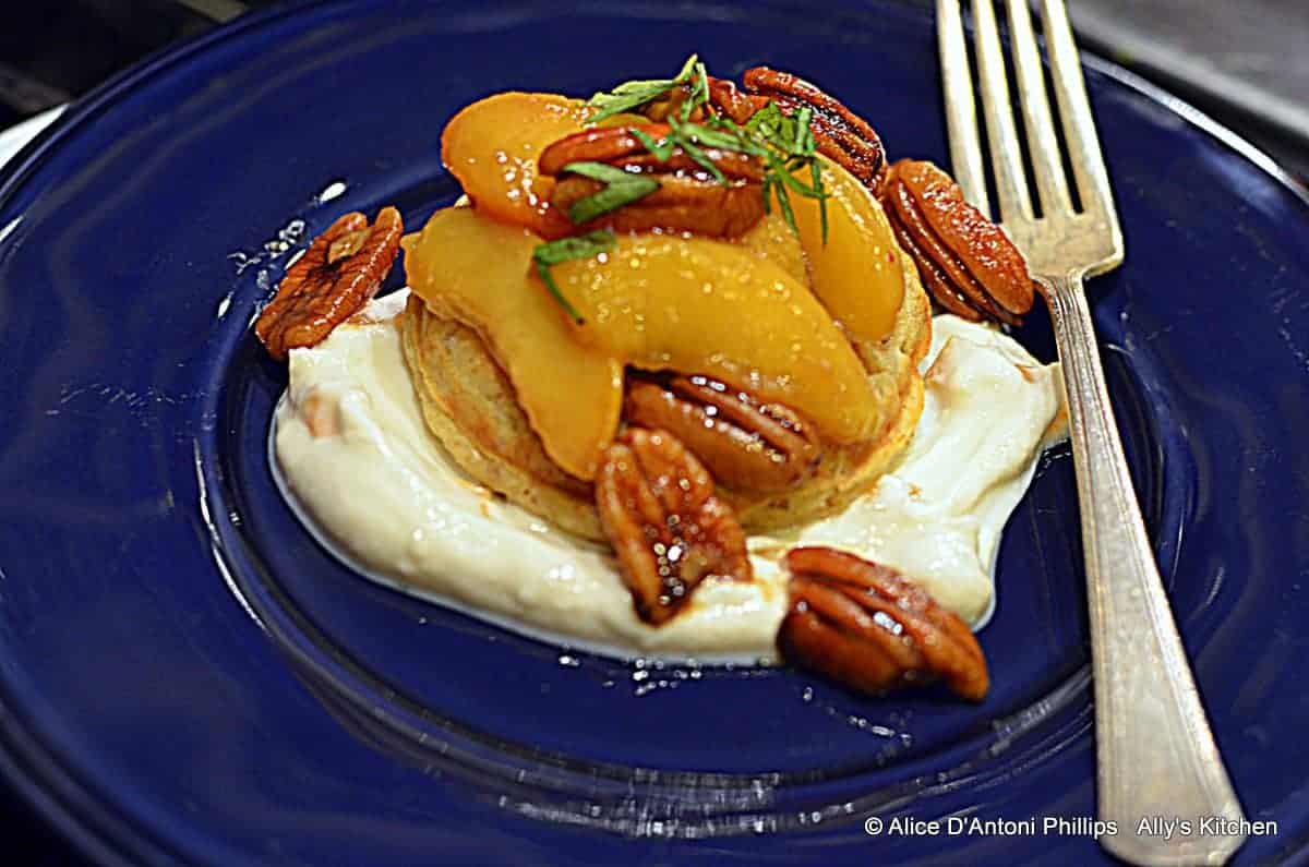 Southern Pecan PoundCake Waffles with Bourbon Smoky Pecans & Peaches