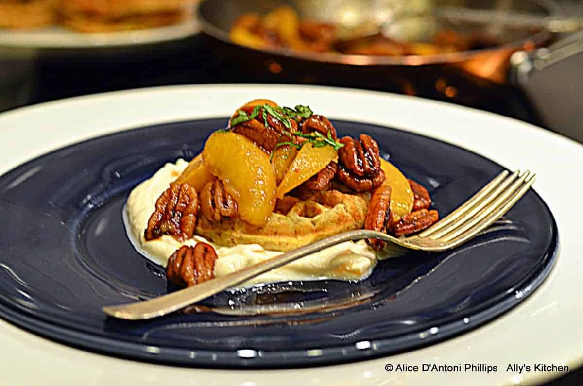 Southern Pecan PoundCake Waffles with Bourbon Smoky Pecans & Peaches