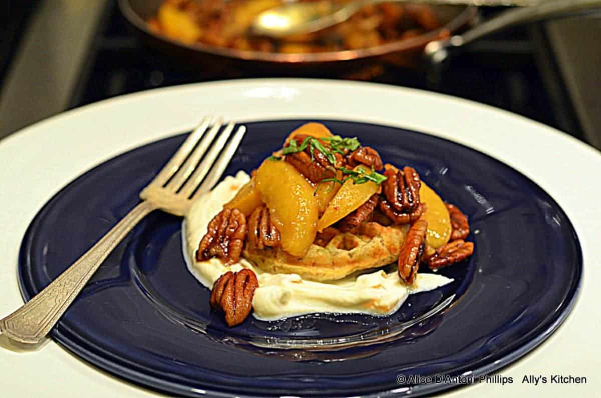 Southern Pecan PoundCake Waffles with Bourbon Smoky Pecans & Peaches