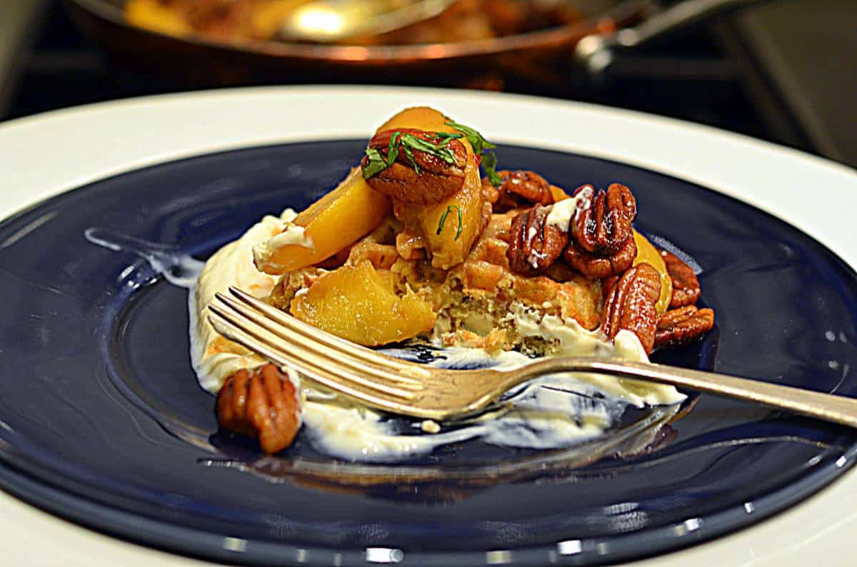 Southern Pecan PoundCake Waffles with Bourbon Smoky Pecans & Peaches