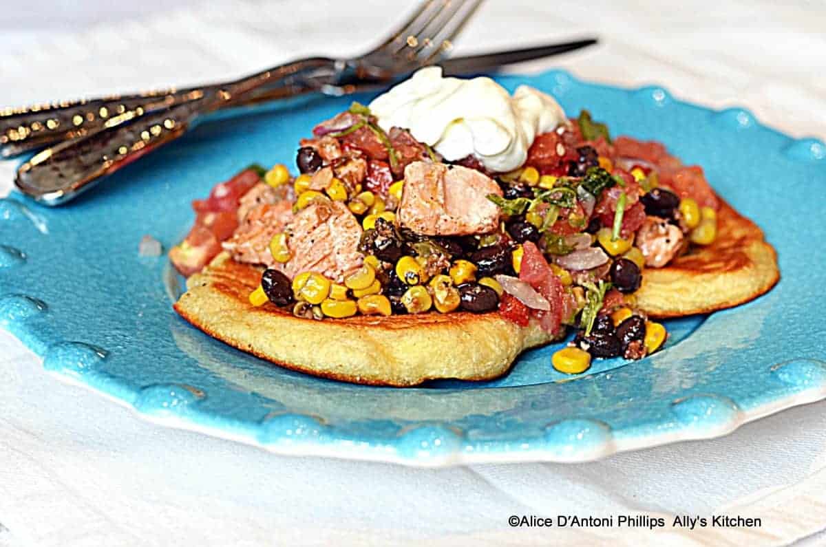 Crispy Naan Bread with Salmon Confit & Corn Medley