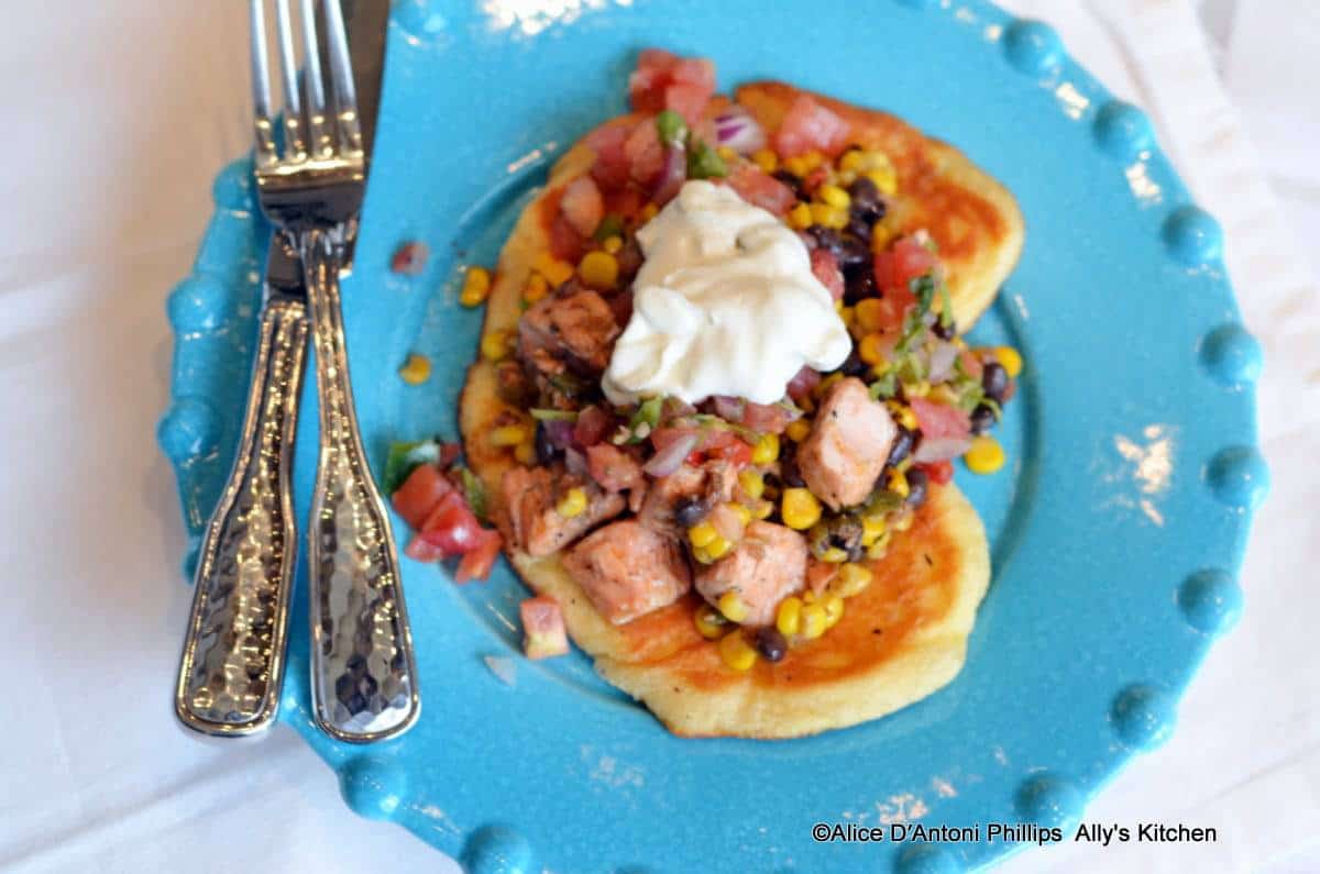 Crispy Naan Bread with Salmon Confit & Corn Medley