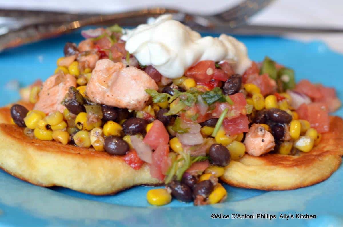 Crispy Naan Bread with Salmon Confit & Corn Medley