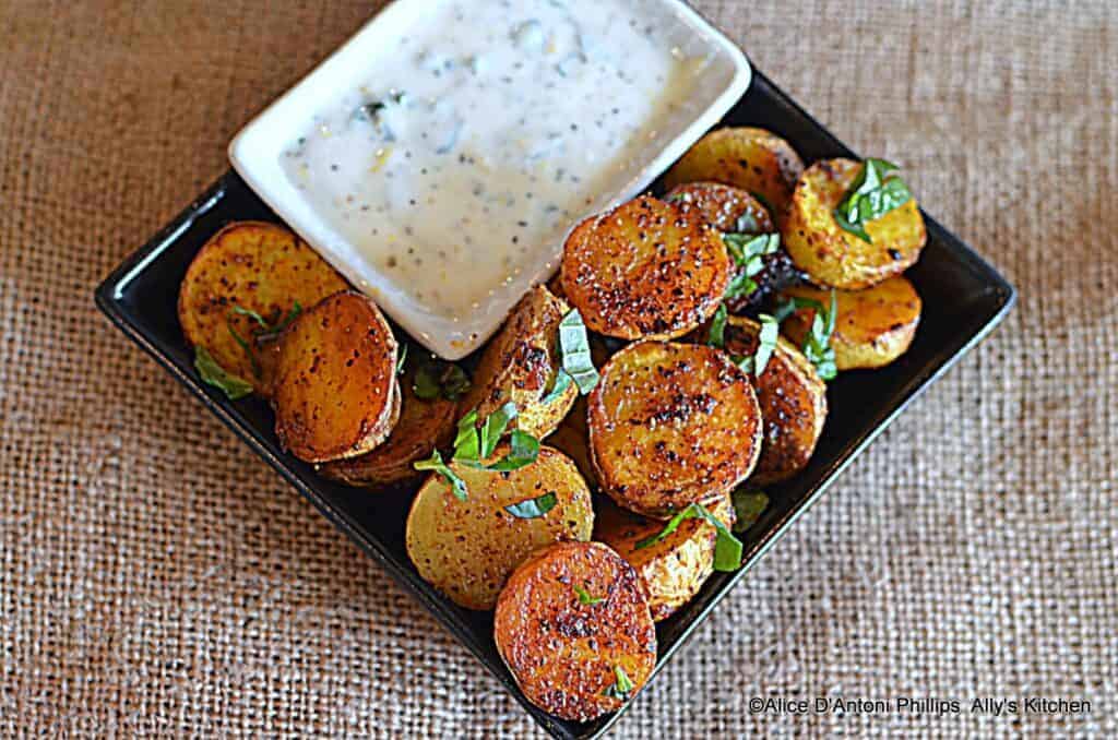 ras el hanout roasted baby gold potatoes with labneh sauce