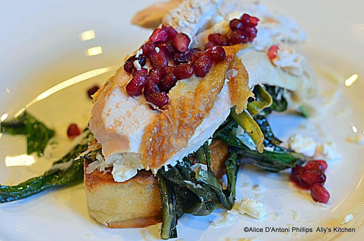 Bacon Dripping Dandelions with Roasted Chicken Pomegranate & Asiago