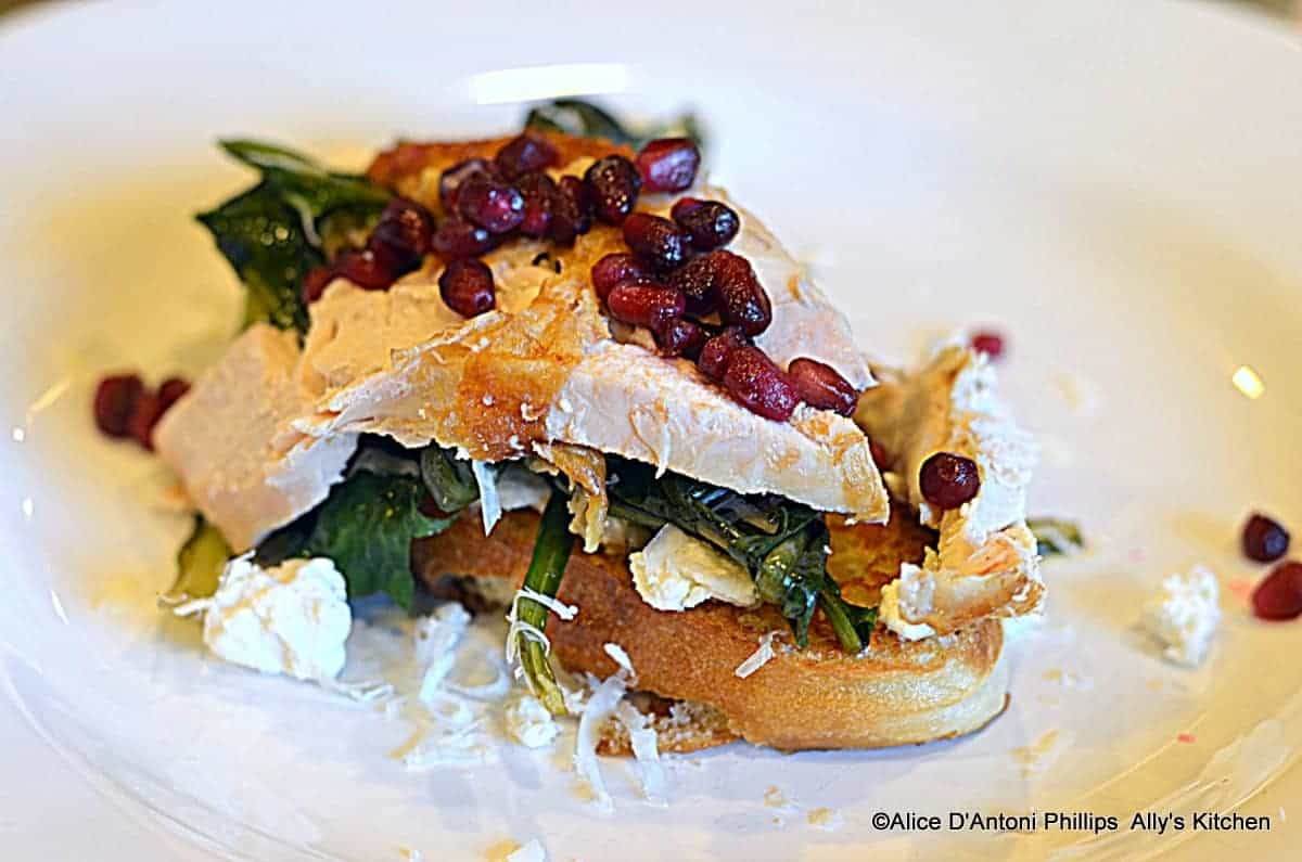 Bacon Dripping Dandelions with Roasted Chicken Pomegranate & Asiago