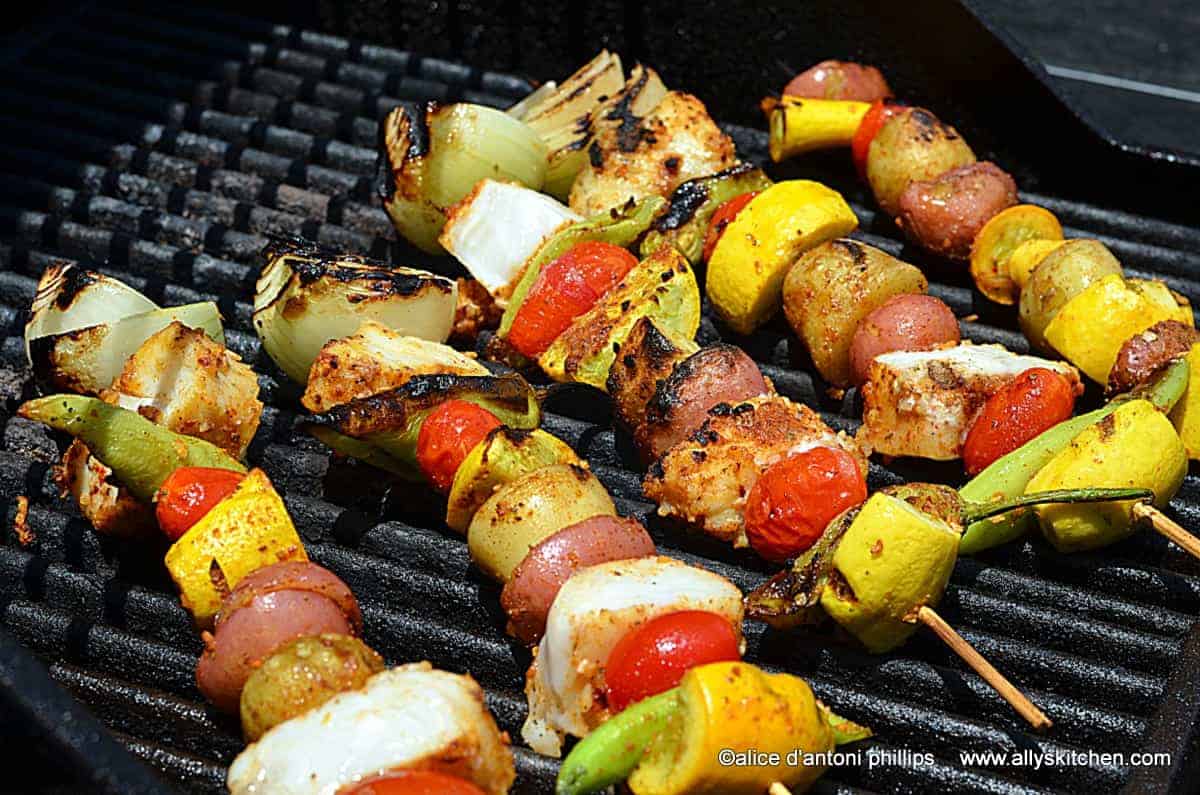 Grilled Veggie Skewers with Magic Green Sauce