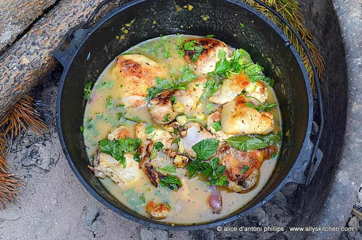 camping dutch oven garlic chicken, camping recipes