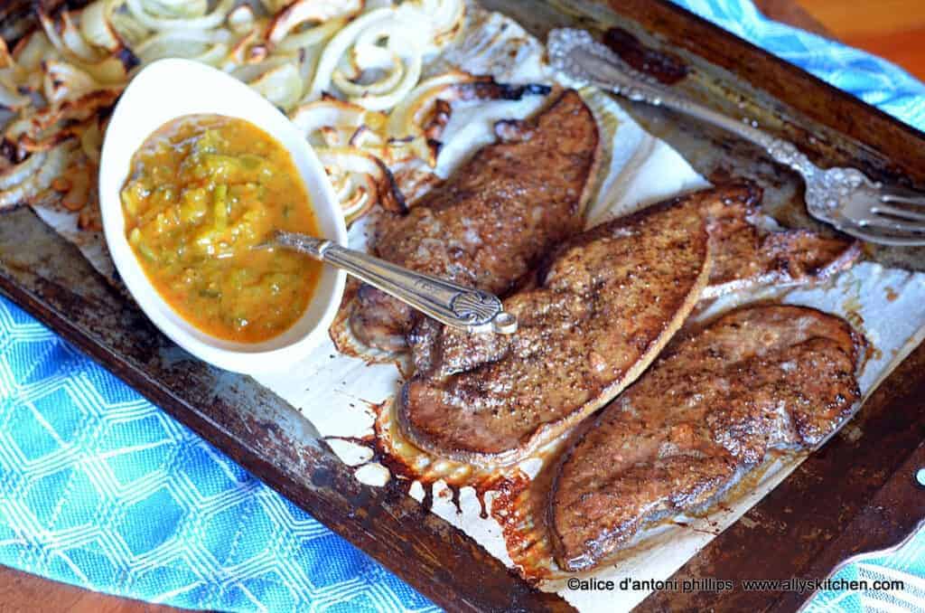 ~sea salt & cracked pepper calves liver with onions & spicy brown mustard relish~