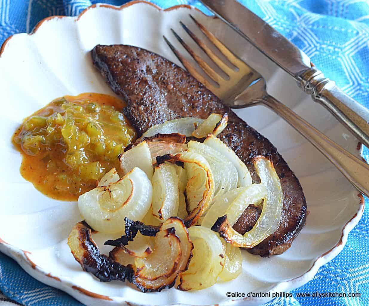 ~sea salt & cracked pepper calves liver with onions & spicy brown mustard relish~