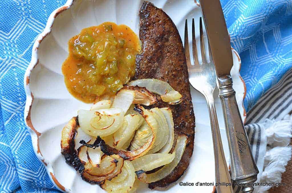 ~sea salt & cracked pepper calves liver with onions & spicy brown mustard relish~