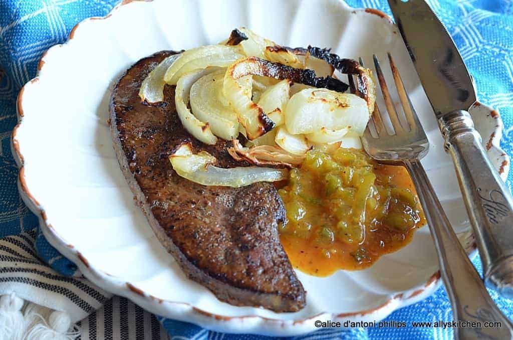 ~sea salt & cracked pepper calves liver with onions & spicy brown mustard relish~