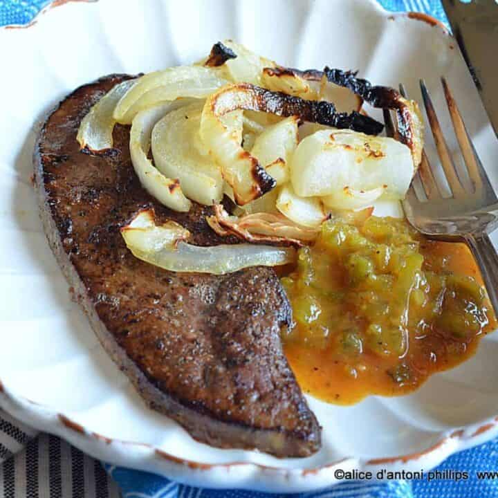 ~sea salt & cracked pepper calves liver with onions & spicy brown mustard relish~
