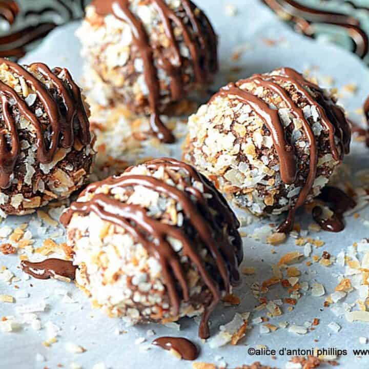 cream cheese chocolate bites with roasted coconut