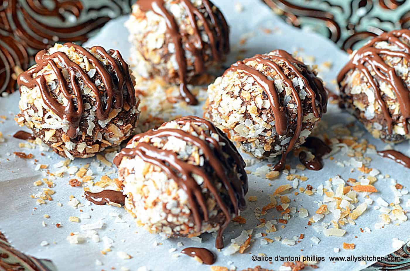 cream cheese chocolate bites with roasted coconut