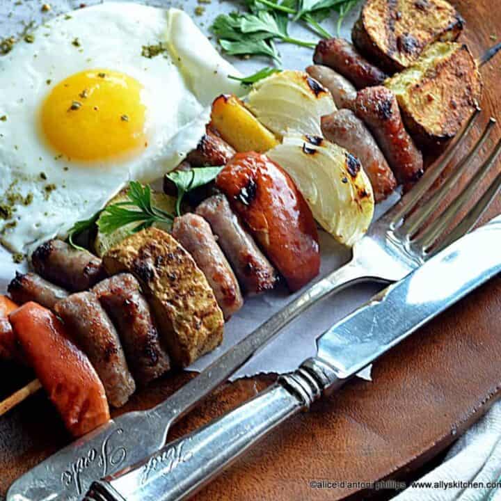 ~za’tar grilled sausage apple potato & onion skewers & a sunnyside egg~