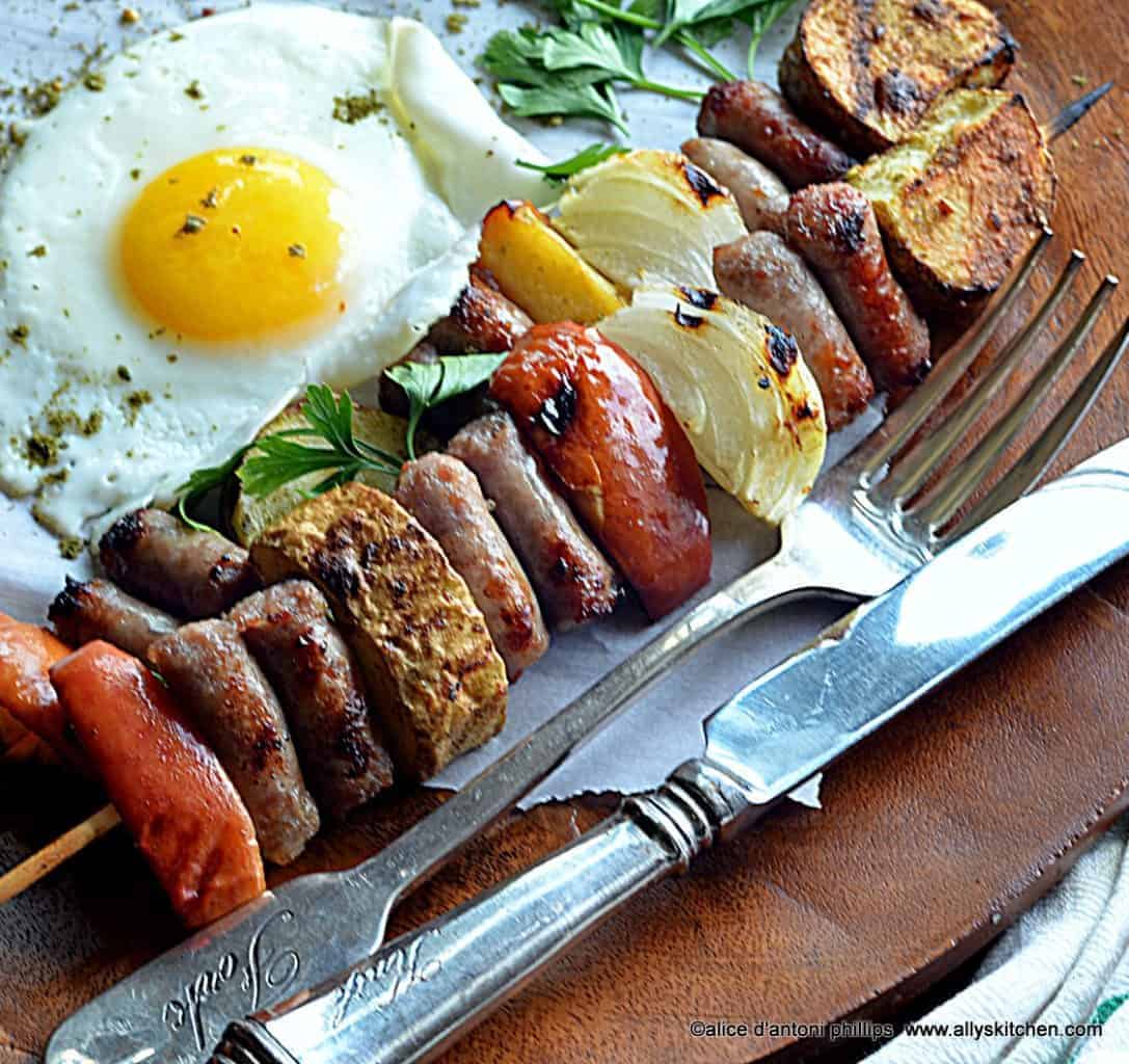 ~za’tar grilled sausage apple potato & onion skewers & a sunnyside egg~