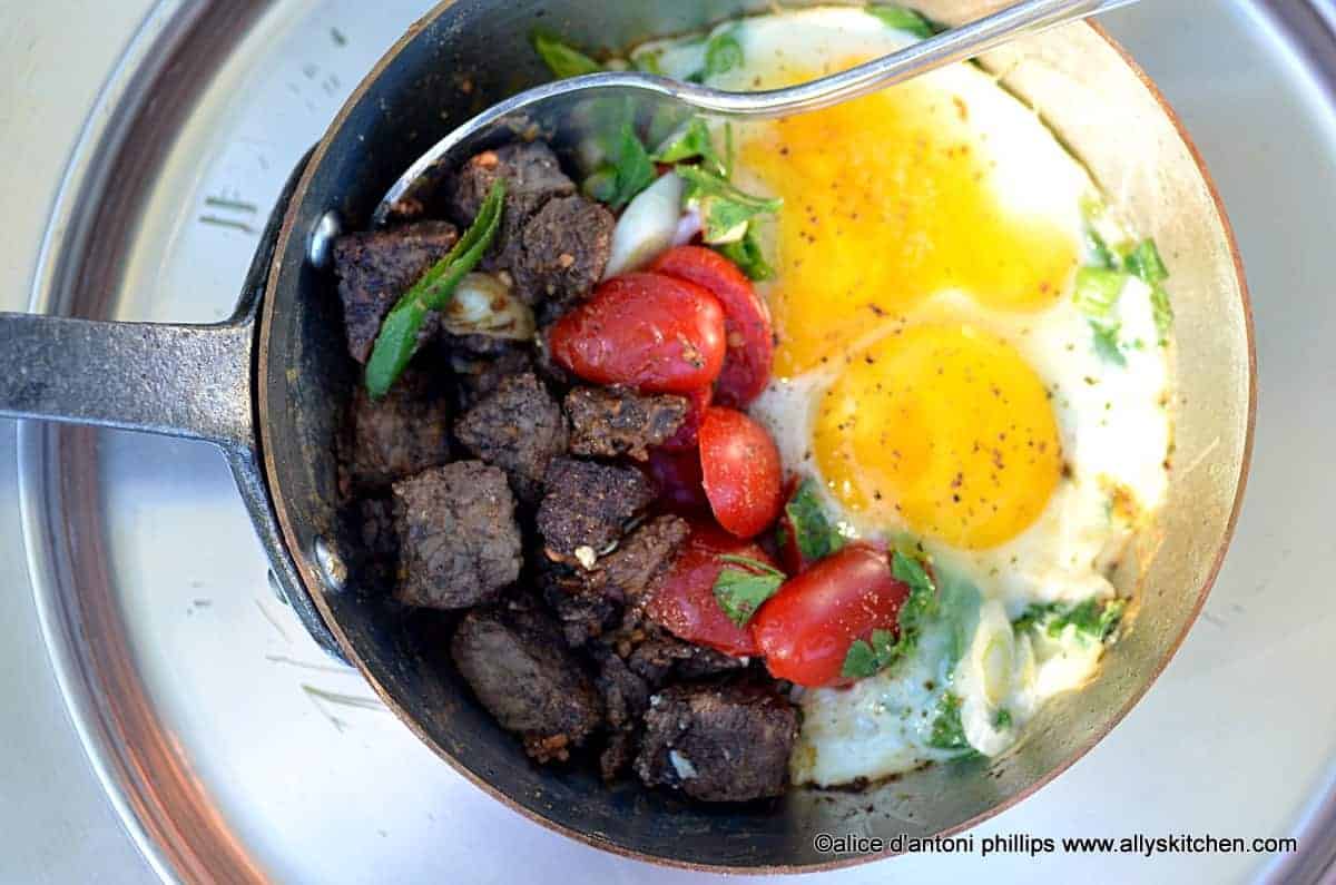 moroccan beef ribeye bites with steamed eggs tomatoes & green onions