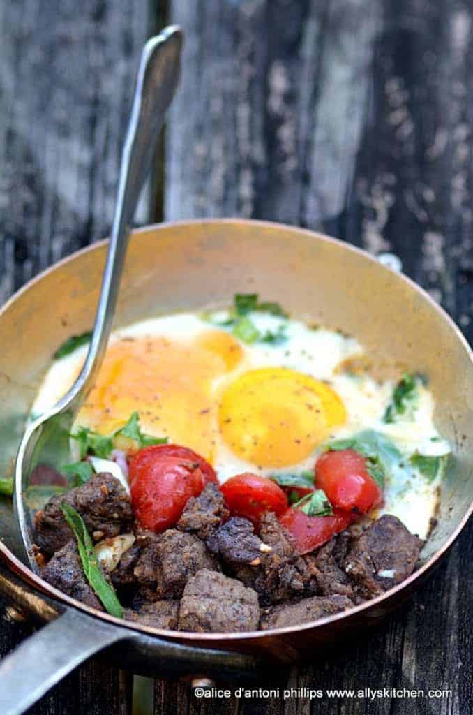 moroccan beef ribeye bites with steamed eggs tomatoes & green onions