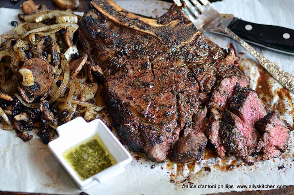 kasbah ribeye with grilled onions gourmet mushrooms & mint butter