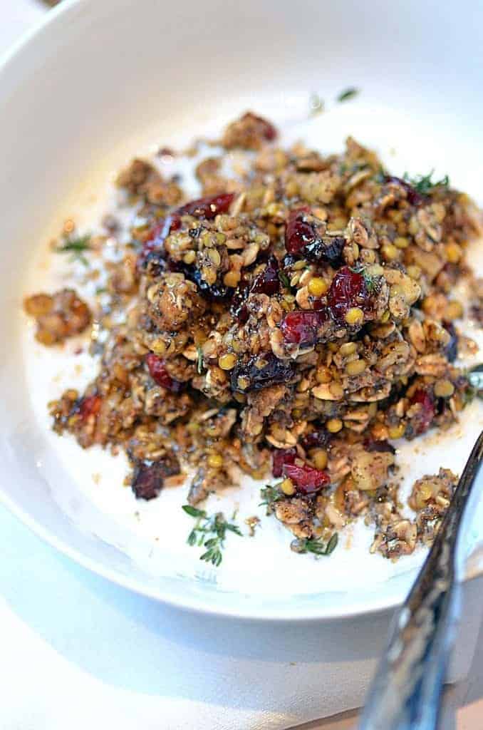 lentil walnut cranberry museli with honey & fresh thyme