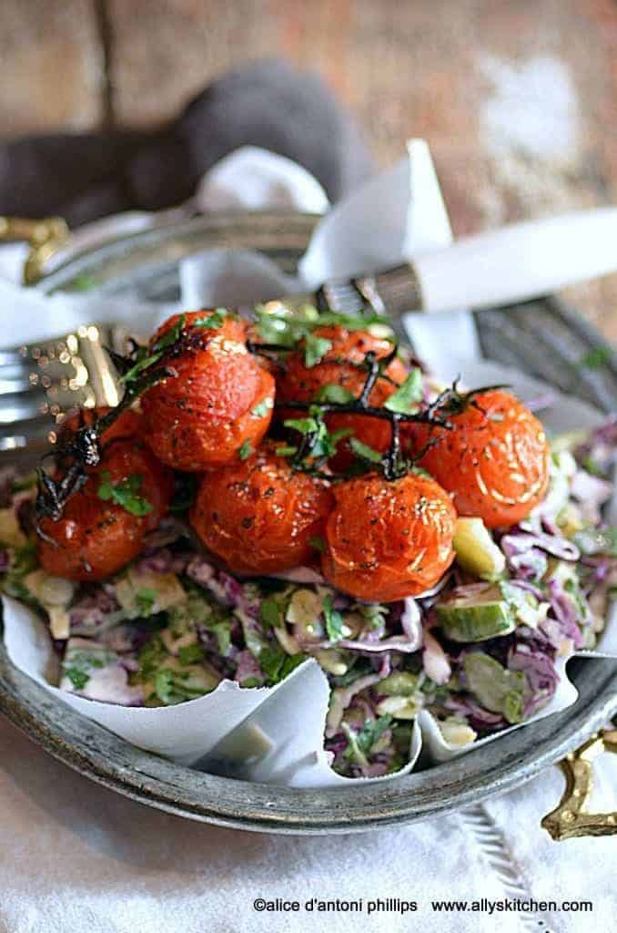 purple cabbage salad & roasted tomatoes