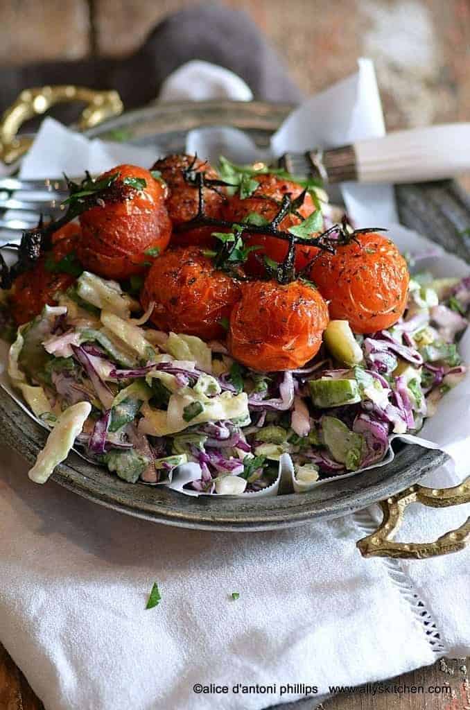 purple cabbage salad & roasted tomatoes