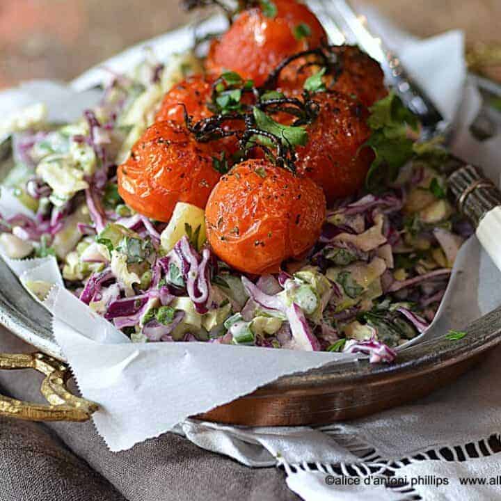 purple cabbage salad & roasted tomatoes