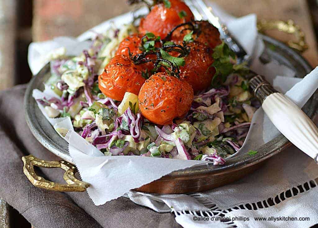 purple cabbage salad & roasted tomatoes