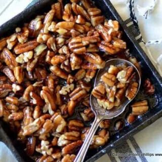 chocolate cream cheese sheet cake with bourbon brown sugar pecans