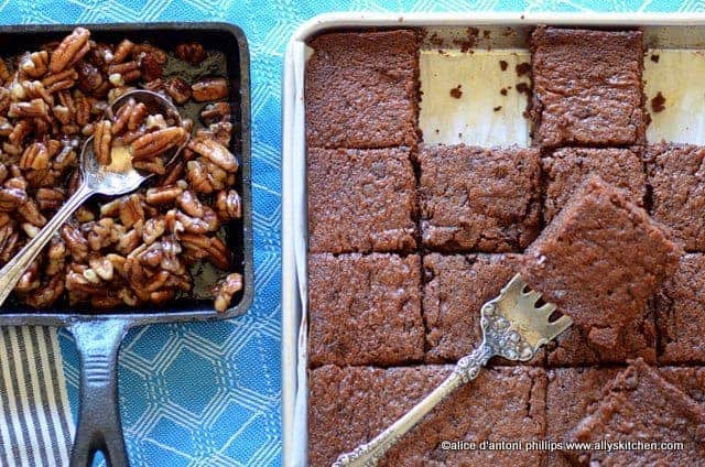 chocolate cream cheese sheet cake with bourbon brown sugar pecans