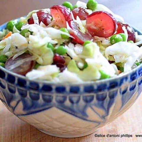 balsamic pea grape coleslaw with bleu cheese crumbles