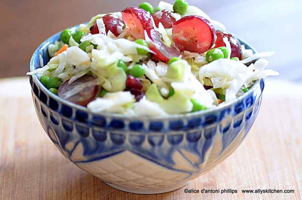 balsamic pea grape coleslaw with bleu cheese crumbles