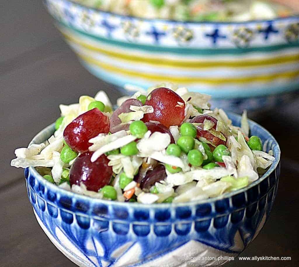 balsamic pea grape coleslaw with bleu cheese crumbles