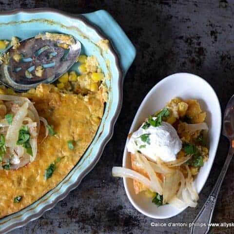 cumin corn soufflé with cilantro & caramelized onions