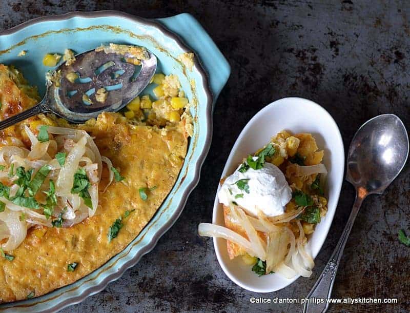 cumin corn soufflé with cilantro & caramelized onions