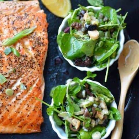 salmon with watercress scallion caper vinaigrette topping