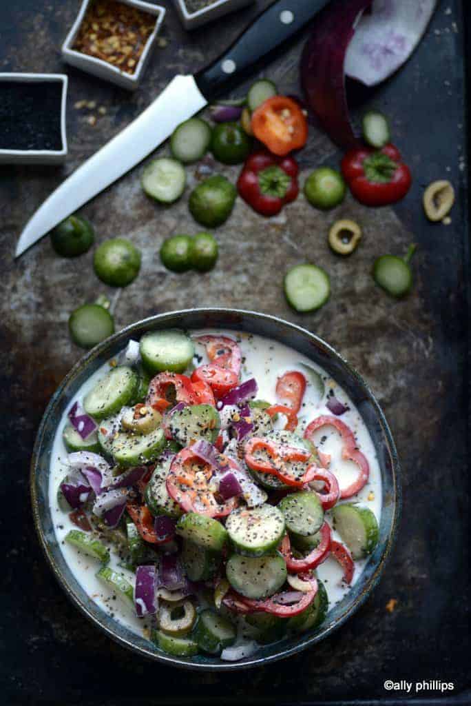 crunchy veggie & olive buttermilk salad