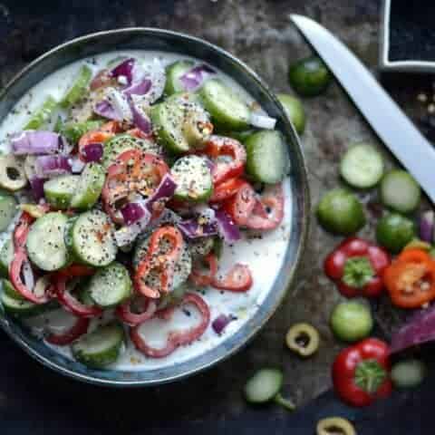 crunchy veggie & olive buttermilk salad