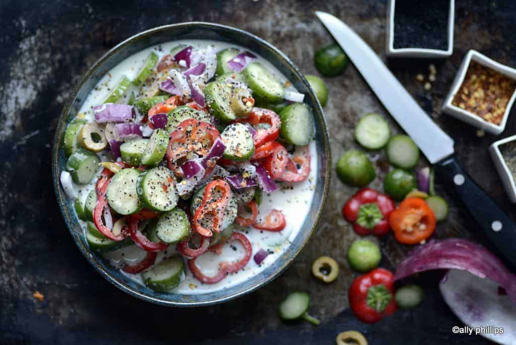 crunchy veggie & olive buttermilk salad