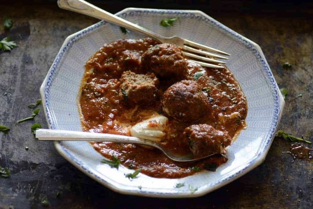 pesto meatballs and marinara sauce