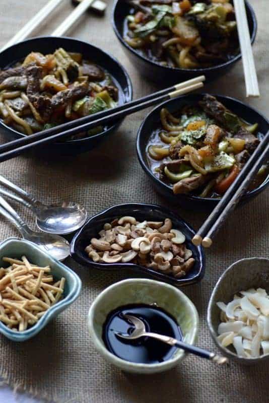 korean spicy sweet beef udon noodle bowl