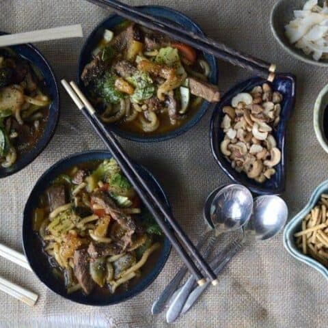 korean spicy sweet beef udon noodle bowl