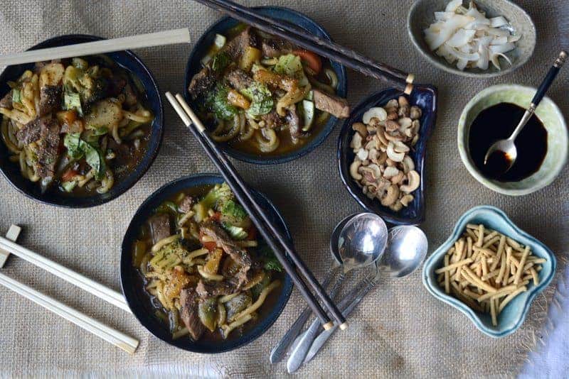 korean spicy sweet beef udon noodle bowl