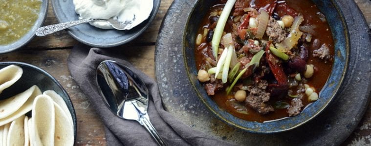slow cooker aussie grassfed beef cowboy caviar layered chili