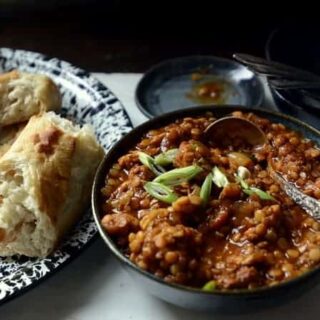 slow cooker caribbean jerk pork and red lentils