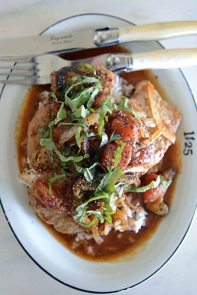 Smothered Creole Pork Chops Tomatoes & Mushrooms