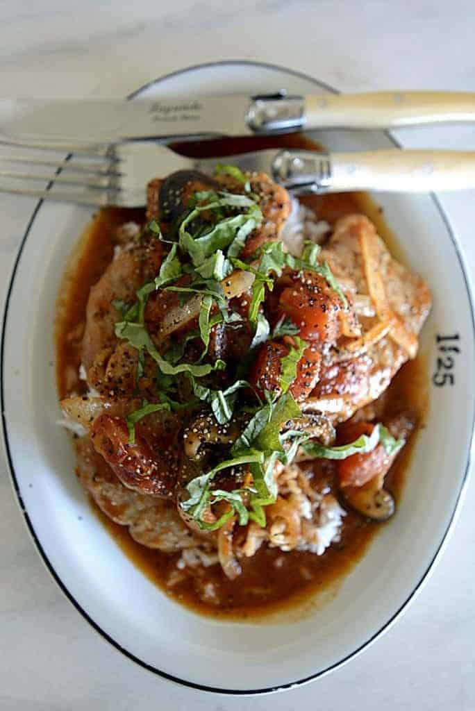 Smothered Creole Pork Chops Tomatoes & Mushrooms